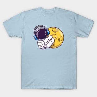 Cute Astronaut Hug Moon With Headphone Cartoon T-Shirt